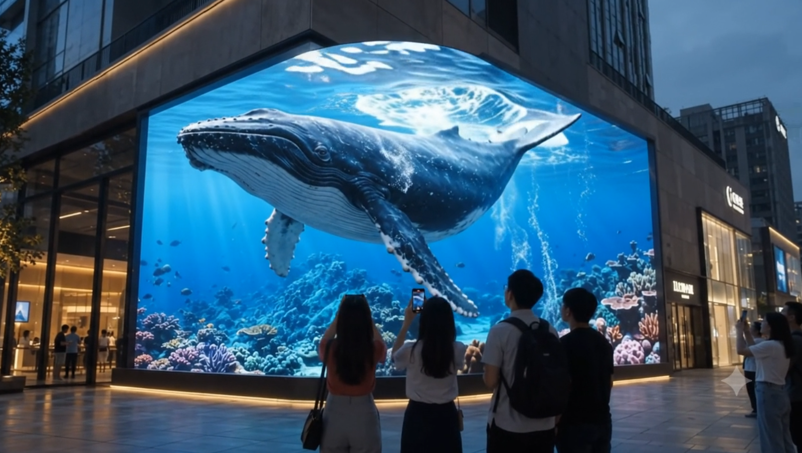 Anamorphic 3D whale emerging from a large LED display