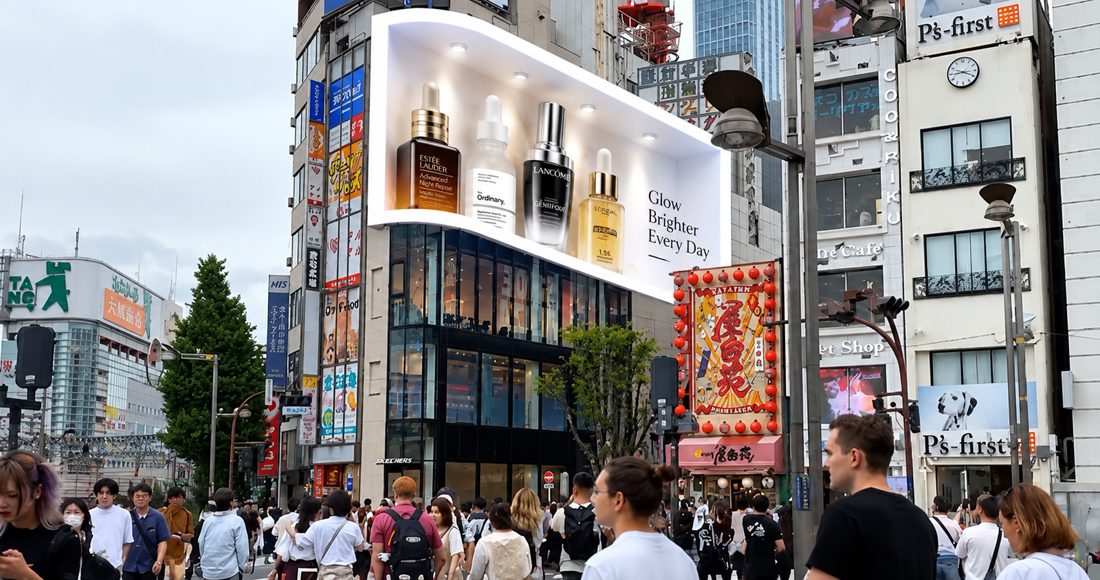 Anamorphic 3D serum bottle emerging from an LED display