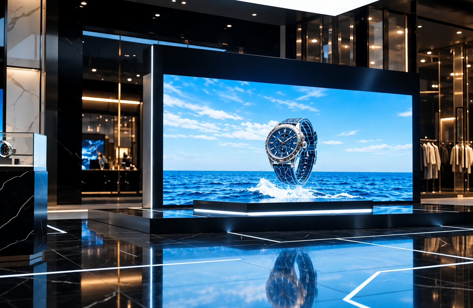 Anamorphic 3D wrist watch displayed on a large LED screen