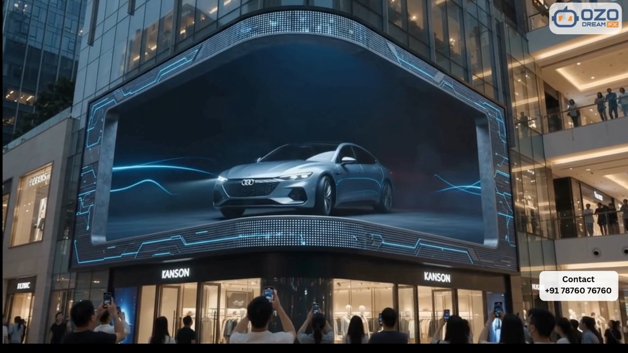 Anamorphic 3D car animation displayed on a curved digital billboard in a modern shopping mall
